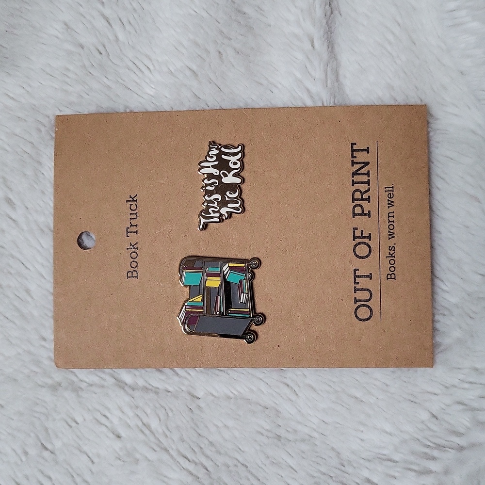 Out of Print Book Truck Set of 2 Brooches/Pins, New With Tags